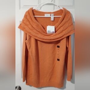 Orange Cowl Neck Off The Shoulder Sweater with Knit Texture